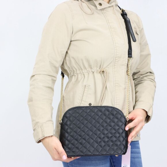 Black Quilted Faux Leather Purse Chain Strap Cross Body Shoulder Bag - Picture 5 of 7